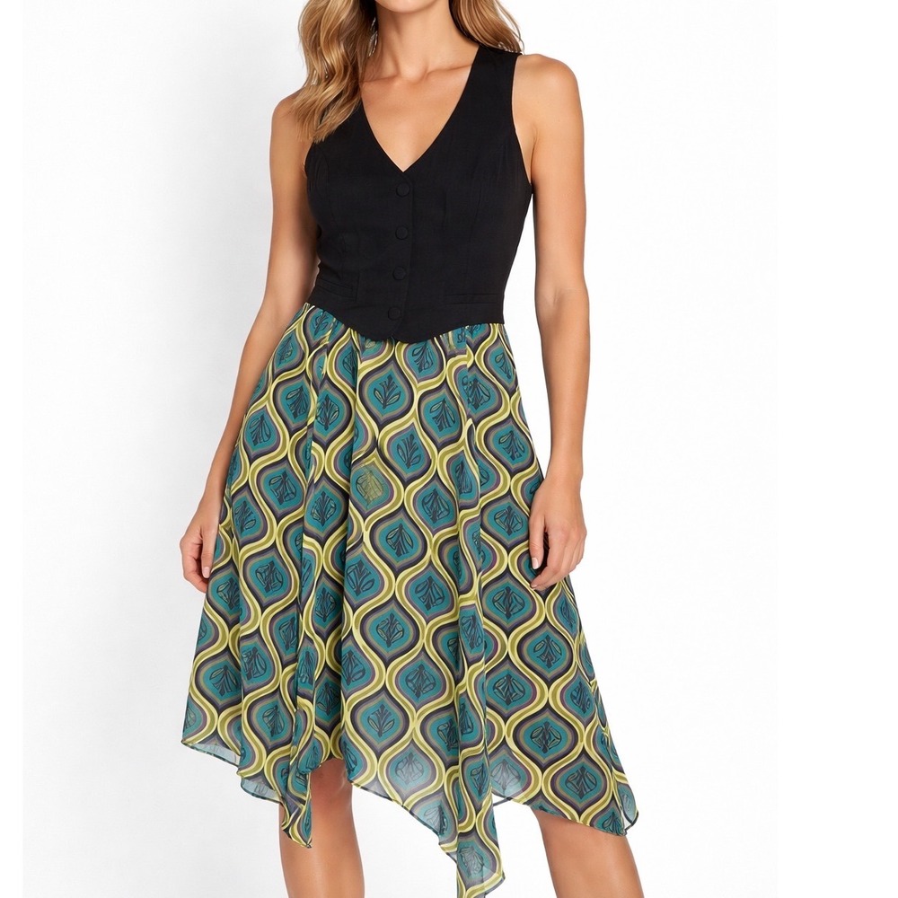 Bisou Bisou Vest Bodice Dress‎ Women XL Black Green Geometric Print Excellent